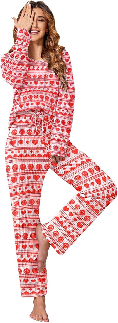 Ekouaer Women's Waffle Knit Pajama Sets Comfy Long Sleeve Lounge Sets 2 Piece Matching Pj Sets wi... | Amazon (US)