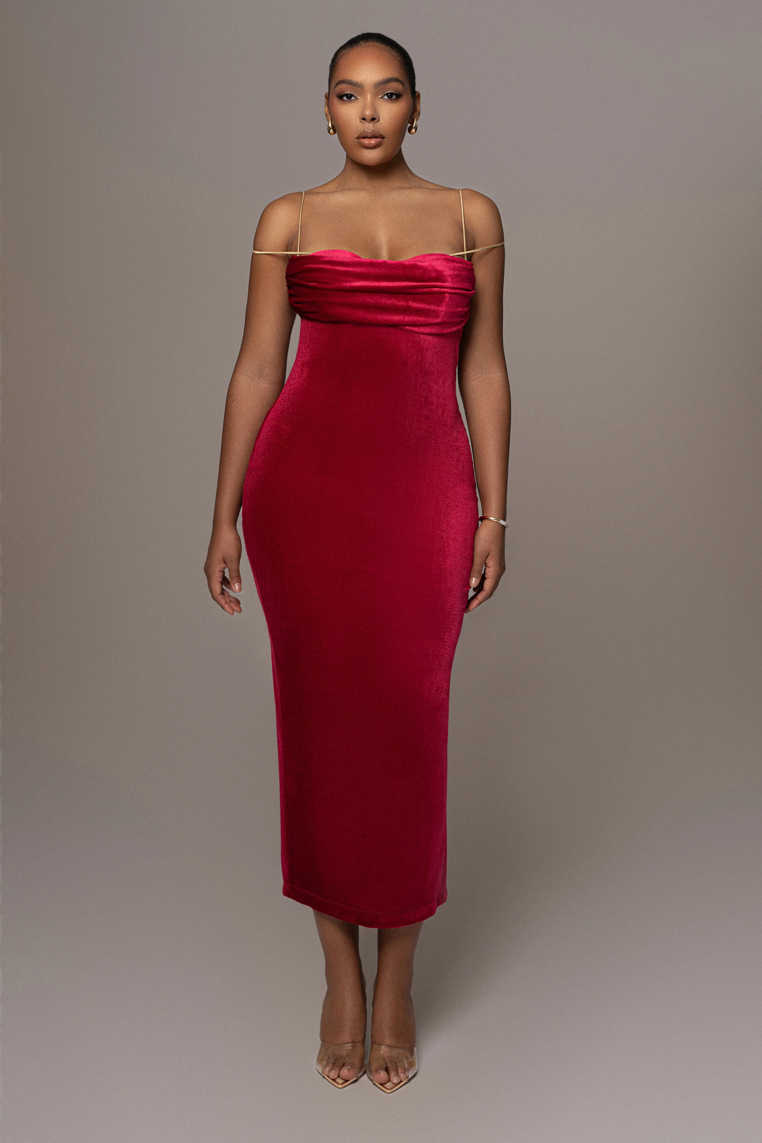 Red JOSANNA VELVET MIDI DRESS | JLUXLABEL