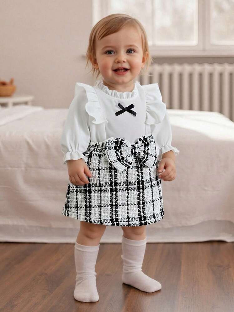Toddler Baby Girl Fall Outfit Bow Ruffle Trim Long Sleeve Tops And Plaid A-Line Skirt 2 Piece Set | SHEIN