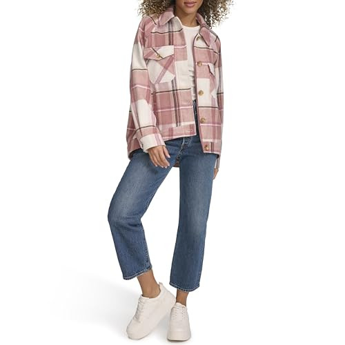 Levi's Women's Zoe Relaxed Wool Plaid Shirt Jacket, Cameo Pink Plaid, Large | Amazon (US)