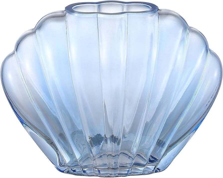 MARTAGE Blue Glass Vase, Glass Flower Vase, Small Glass Vase, Blue Cute Vase, Ribbed Seashell Vas... | Amazon (US)