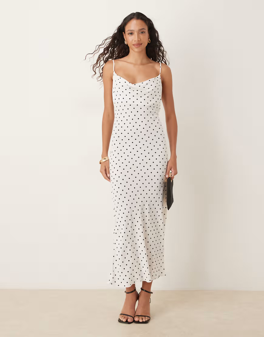 Mango cowl neck midi dress in black and white polka dot | ASOS (Global)