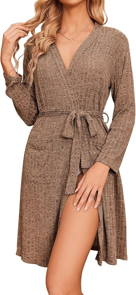 Ekouaer Women Robe Ribbed Knit Soft Bathrobe Knee Length Robes Stretchy Short Sleepwear ... | Amazon (US)
