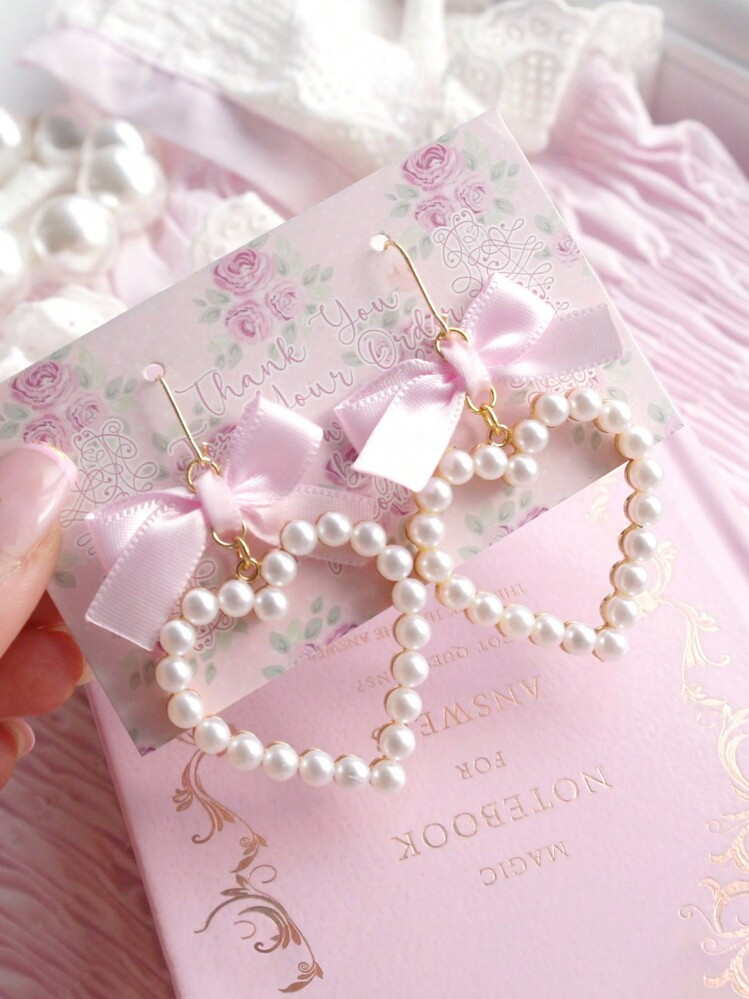 1 Pair Cute Pink Heart & Bow Faux Pearl Pendant Earrings, Fashionable Jewelry Suitable For Women Parties (No Card) | SHEIN