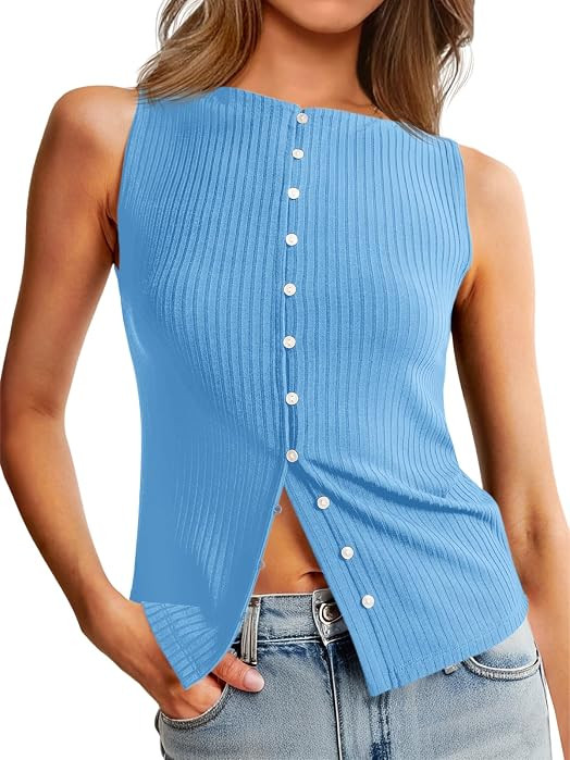 Tankaneo Womens Button Down Ribbed Tank Tops Summer Cropped Vest Tops | Amazon (US)