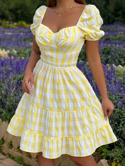 Plaid Print Ruched Bust Ruffle Hem Dress | SHEIN