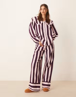 ASOS DESIGN wide leg pyjama trouser co ord in burgundy stripe | ASOS (Global)