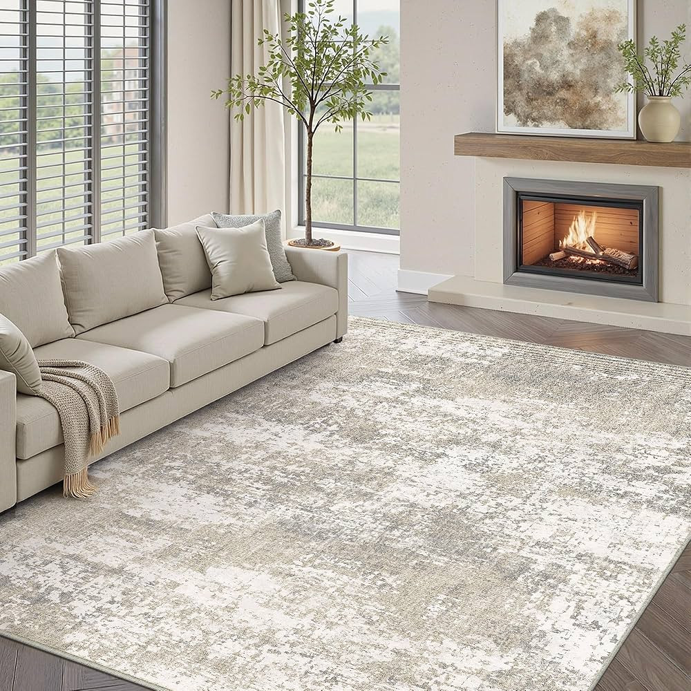 Modern Abstract Beige Gray Area Rug 8x10 Machine Washable Large Carpet Neutral Kitchen Indoor Acc... | Amazon (US)