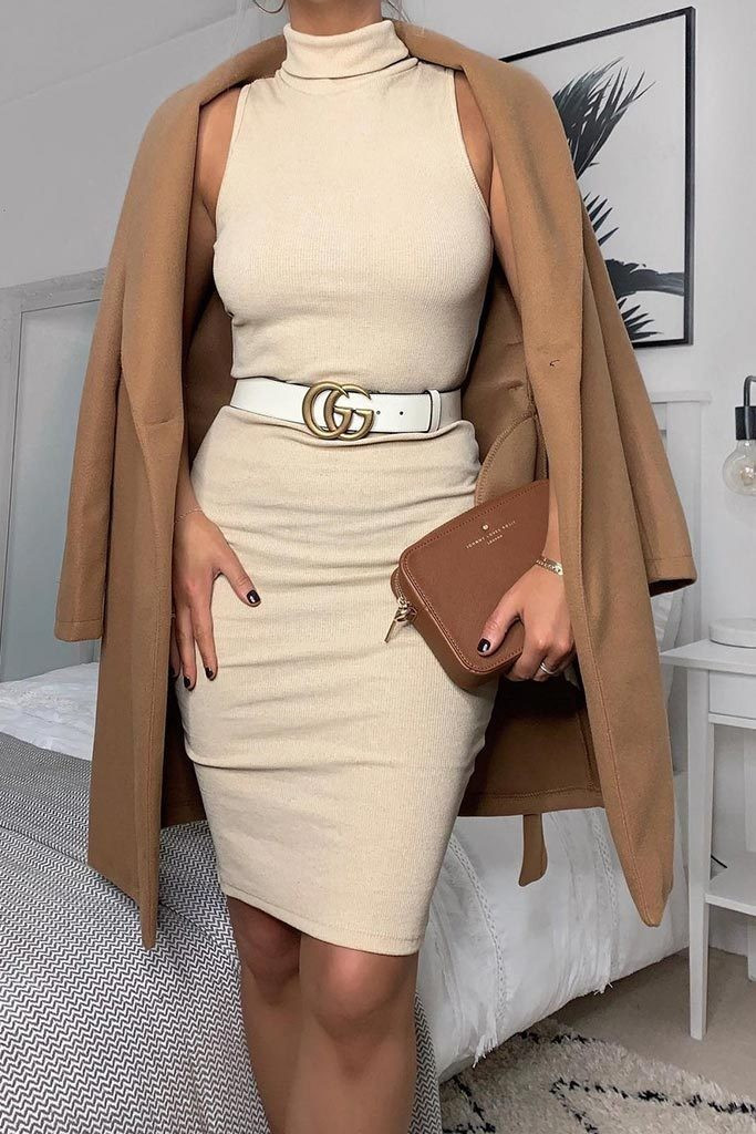 Stone Ribbed Turtleneck Sleeveless Bodycon Dress | ISAWITFIRST