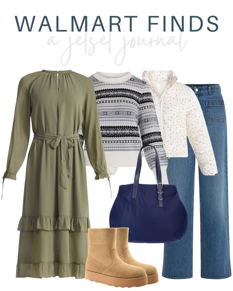 Create a cute winter outfit with these Walmart fashion finds! 
green dress, puffer jacket, denim jeans,winter boots, cute handbags, affordable fashion, fall to winter look, outfit inspo, transitional outfit, cute accessories, outfit idea, walmart fashion, winter style

#LTKU #LTKFindsUnder50 #LTKSeasonal