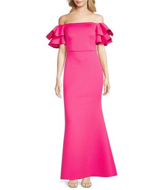 Stretch Scuba Crepe Off-The-Shoulder Tiered Ruffle Short Sleeve Mermaid Gown | Dillard's