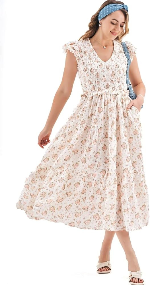 Women Casual Dresses Square Neck Puff Sleeve Midi Dress for Beach Spring Vacation Outfits Floral ... | Amazon (US)