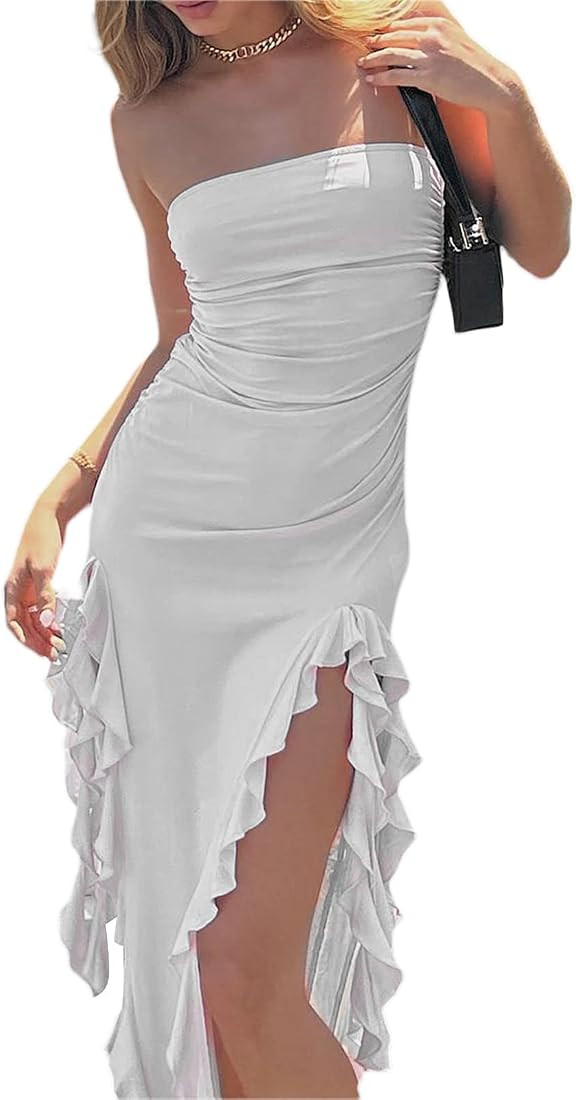 Women Sexy Irregular Ruffle Hem Strapless Dress 3D Floral Tassels Bodycon Tube Dress Party Long D... | Amazon (US)