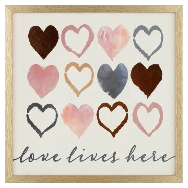 Love Lives Here Hearts Framed Wall Art, 12"x12", Gold & Pink | Walmart (US)