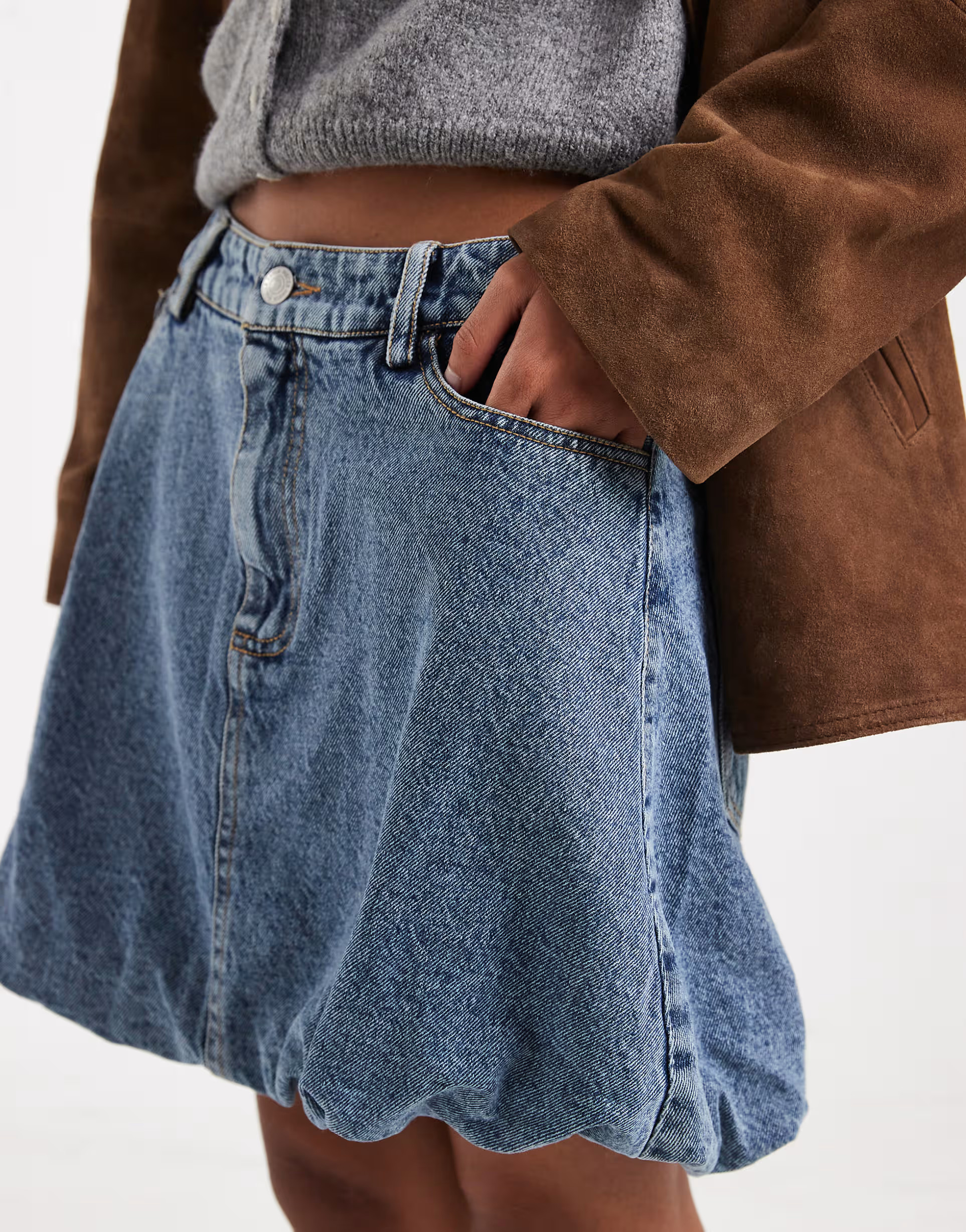 Pieces puffball hem denim mini skirt in light blue | ASOS (Global)