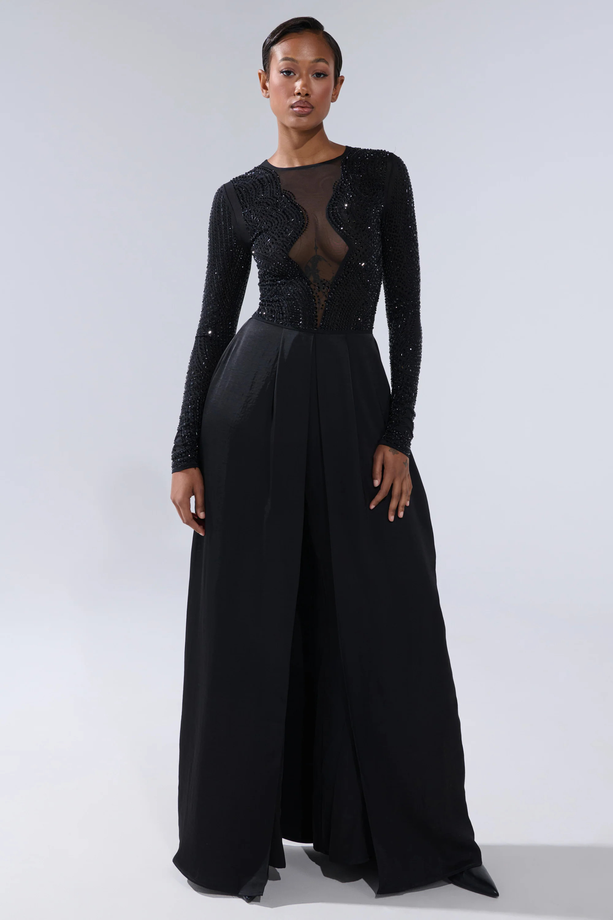 MONACO SATIN MESH JUMPSUIT WITH RHINESTONES | AKIRA