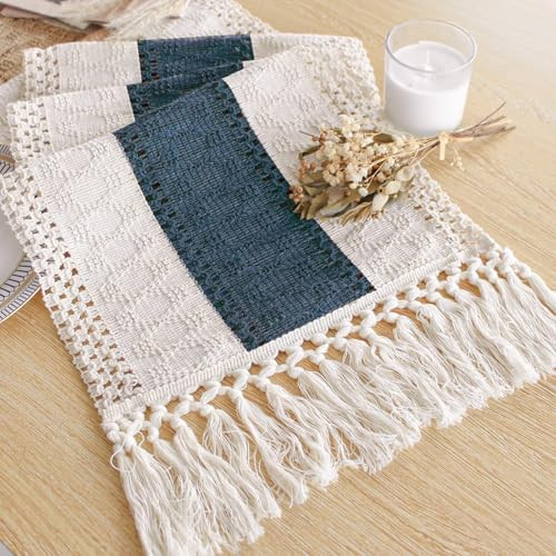FEXIA Boho Table Decor 48 Inch Cream & Blue Macrame Runner with Tassels for Boho Dining & Bedroom Decor Rustic Bridal Shower (12x48 Inches) | Amazon (US)