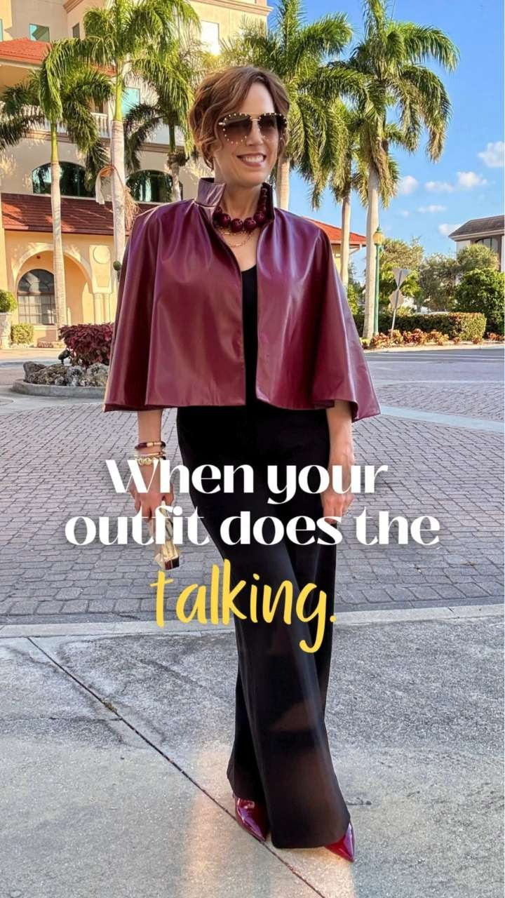 Bold layer, simple lines — that’s the trick.

This faux-leather cape makes the whole outfit feel elevated, and pairing it with wide-leg trousers keeps the silhouette balanced and easy to wear.

Just a reminder that you can show up for yourself in your style every single day.

Shop the pieces and similar options below. ✨ 

 #LTKootd #LTKOver40