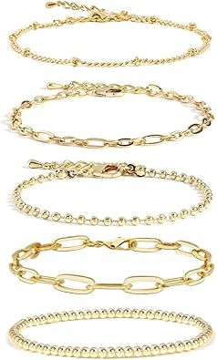 Gold Chain Bracelet For Women,14K Real Gold Link Dainty Bracelets Stake Adjustable Layered Bracel... | Amazon (US)