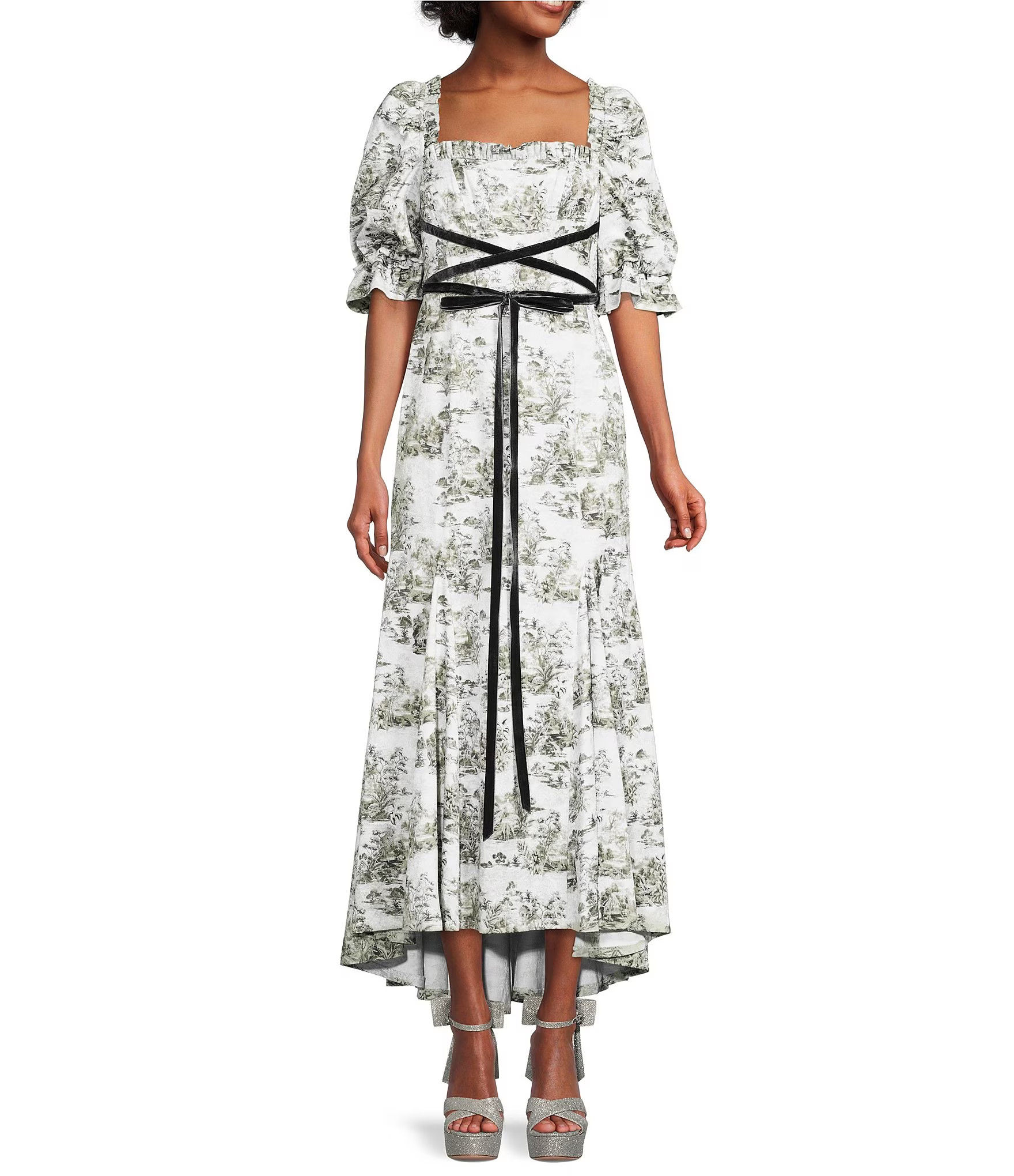 Antonio Melani x Nicola Bathie Hallie Stretch Jacquard Square Neck Short Puff Sleeve Velvet Ribbo... | Dillard's