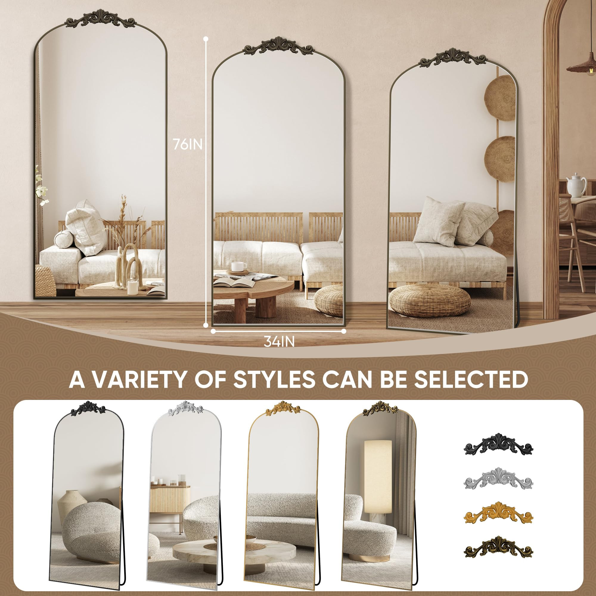 Arched Full Length Mirror, 76"x34" Floor Mirror Freestanding with Carved Metal Frame & Bottom Art... | Amazon (US)