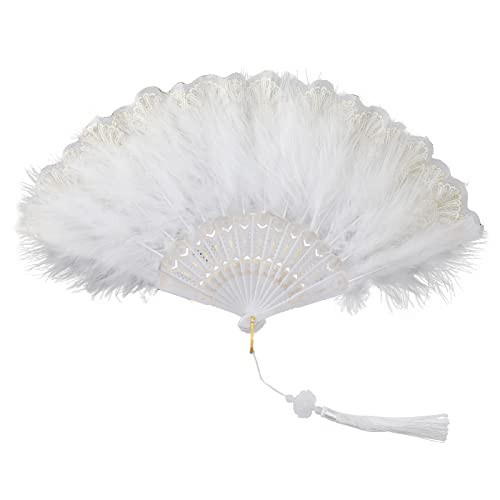 Prebafo White Foldable Feather Fan Handheld Chinese Vintage Style Hand Held Folding Fans for Party Wedding Dancing Decoration | Amazon (US)