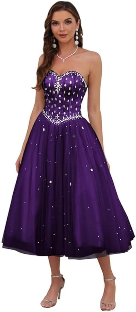 Women's Strapless Tea Length Prom Dress, Tulle Ball Gown with Crystal Beading, Corset Back, Sweet... | Amazon (US)