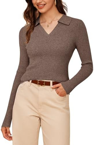 Arach&Cloz Women's Wool Blend Polo Sweater Shirt Business Casual Slim Fitted Fall Tops 2025 | Amazon (US)