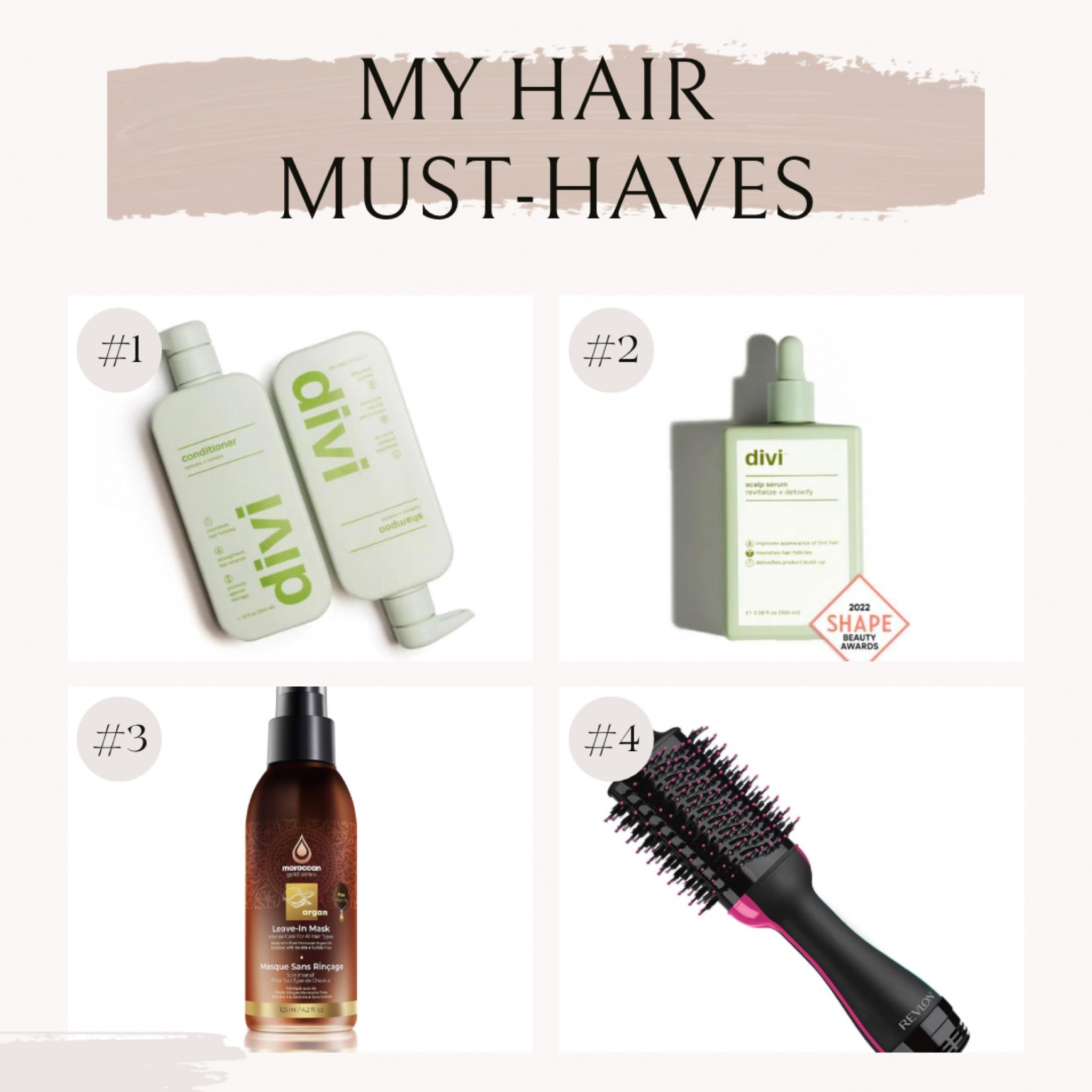 These are my faaavorite hair products!
• Divi🥹🫶🏼🤩 has done SO much for my hair, it feels stronger, it has grown SO MUCH and my scalp just feels healthy overall! Every time I shower I feel like I’m at a spa when I use the shampoo and conditioner and to top it off the magical serum that is the cherry on top!💚💚
• I tried the Moroccan Gold Series Leave-In Hair Mask when I got it in my FabFitFun box a while ago and since then, I’ve been obsessed especially on the days where my hair has a mind of its own. It leaves it soft and silky!
• The Revlon One-Step Volumizer Hair Dryer and Hot Airbrush is perfect for days I need my hair have an extra bit of flare!

All of these combined have been my little go to group for healthier, better looking hair! 

Welcome to LTK DIVI!!💚

#hairproducts #scalphealth 

#LTKbeauty