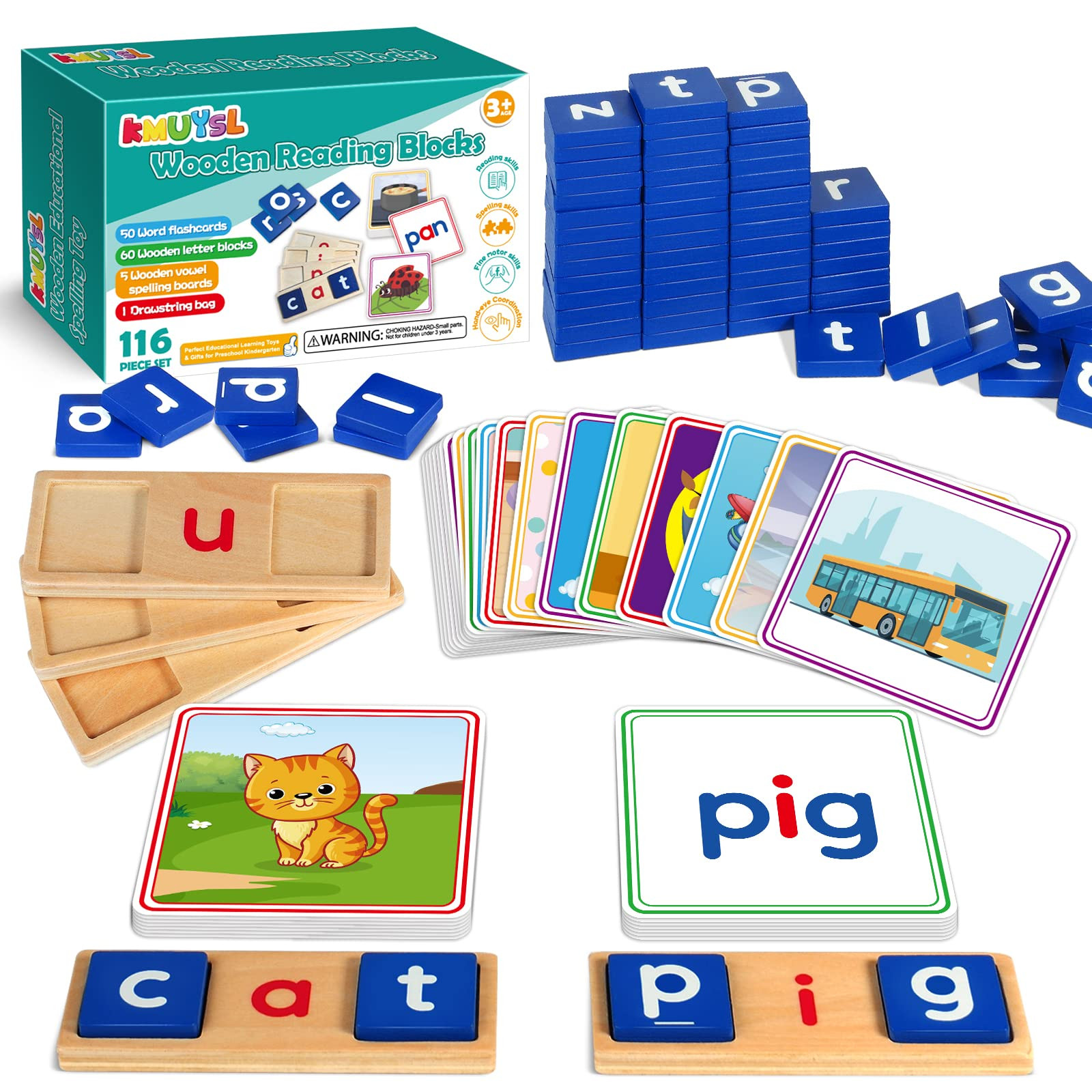 Learnign Toys for 2 3 4 5 6 Years Old Boys Girls, Wooden CVC Reading Spelling Game for Kids, Pres... | Amazon (US)