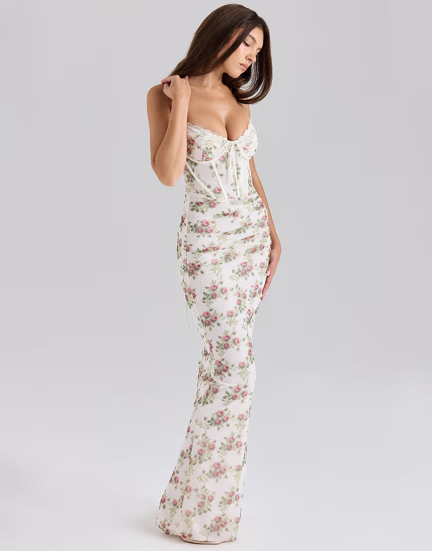 House of CB Calista print mesh maxi dress in cream rose-White | ASOS (Global)