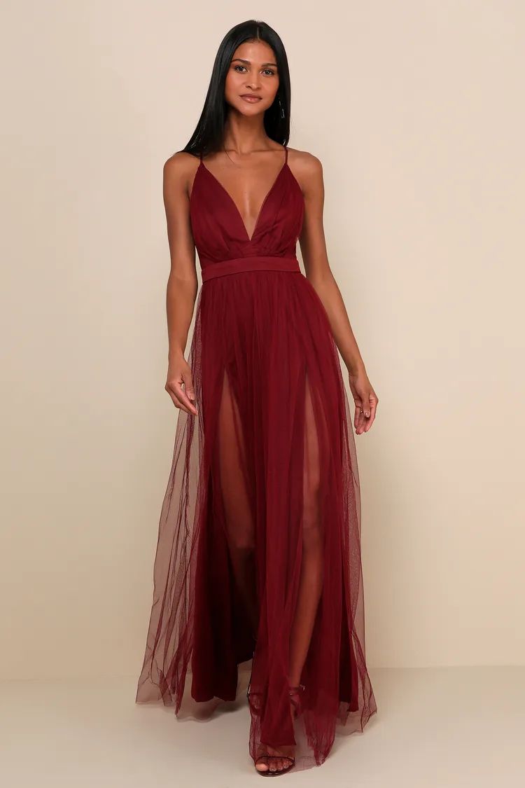 Rare Beauty Burgundy Tulle Backless Maxi Dress | Lulus