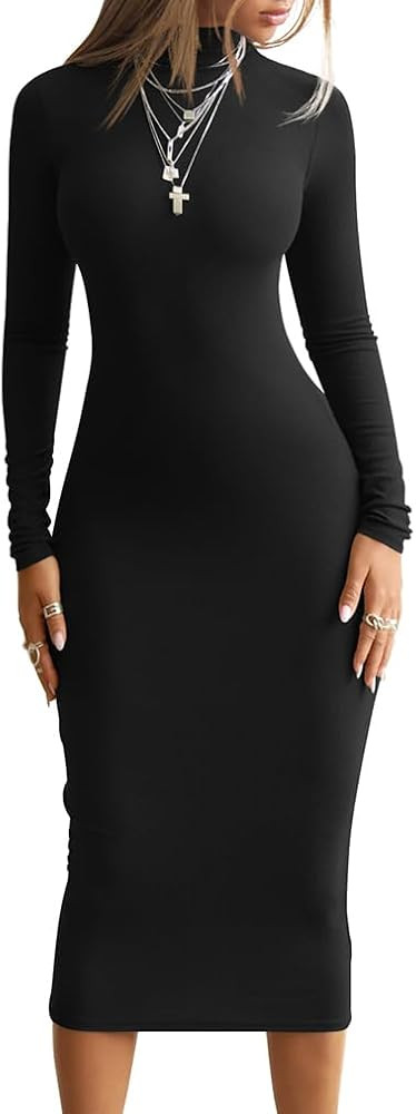 BEAGIMEG Women's Bodycon Long Sleeve Mock Neckline Knit Ribbed Party Club Midi Dress | Amazon (US)