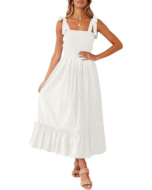 ZESICA Women's 2025 Summer Boho Spaghetti Strap Square Neck Solid Color Ruffle A Line Beach Long ... | Amazon (US)