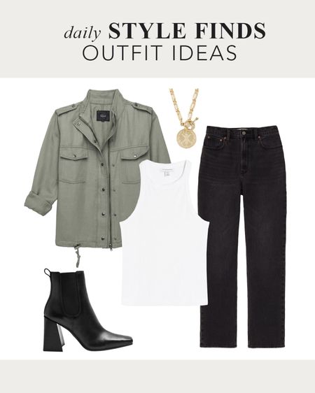 Back to school Casual Fall Outfit - Khaki green fall jacket - black straight wide leg 90s jeans - white tank - black chunky heeled booties #backtoschool #over40style #dailyoutfit #gdwm #outfitideas #falloutfits2023 

#LTKstyletip #LTKworkwear #LTKover40