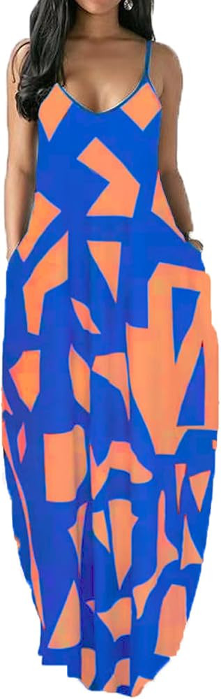 Women's Casual Loose Long Floor Length V-Neck Adjustable Spaghetti Strap Sleeveless with Pockets | Amazon (US)