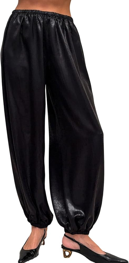Famnbro Women Satin Harem Pants Elastic Waist Shiny Silk Barrel Wide Leg Casual Long Balloon Pant... | Amazon (US)
