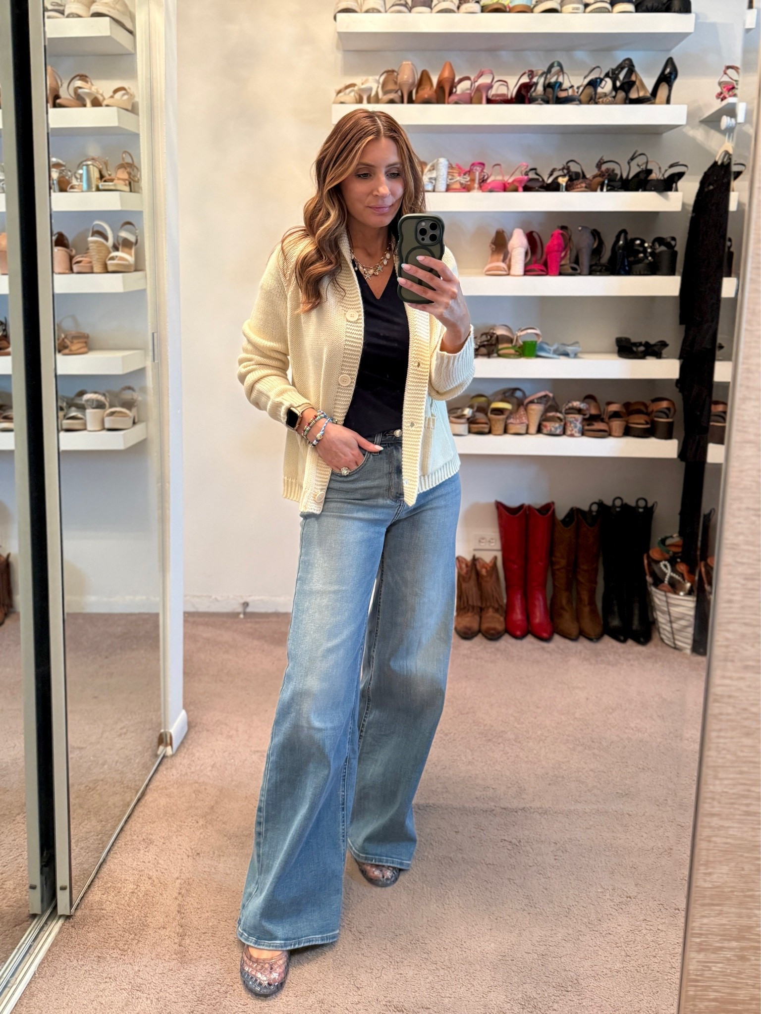 What I wore to work today

Lobster cardigan sweater (size small) 
Walmart navy v-neck tee (size small)
Target wide leg jeans (size 4)
Jelly sandals 
BaubleBar beaded bracelets

workwear outfit, casual outfit, grey sweater, trendy shoes, spring shoes, summer shoes, casual office look, office look, easy outfit, Spring outfits 2026

#LTKootd #LTKSeasonal #LTKWorkwear