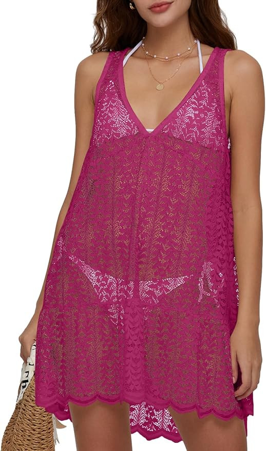 DEEP SELF Women's Swimsuit Cover Up Crochet Bathing Suit Hollow Out V Neck Sleeveless Swimwear Su... | Amazon (US)