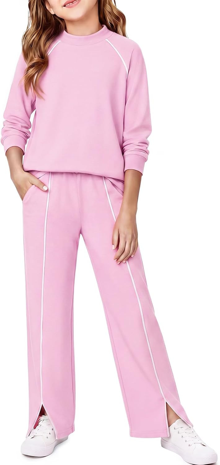 Haloumoning Girls Raglan Sleeve Sweatshirt Split Hem Wide Leg Pants Set | Amazon (US)