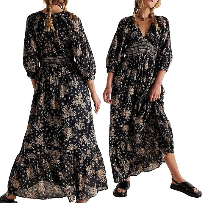 Boho Floral Maxi Dress for Women Puff Long Sleeve V Neck Flowy Swing Elegant Tiered Fall Long Dre... | Amazon (US)
