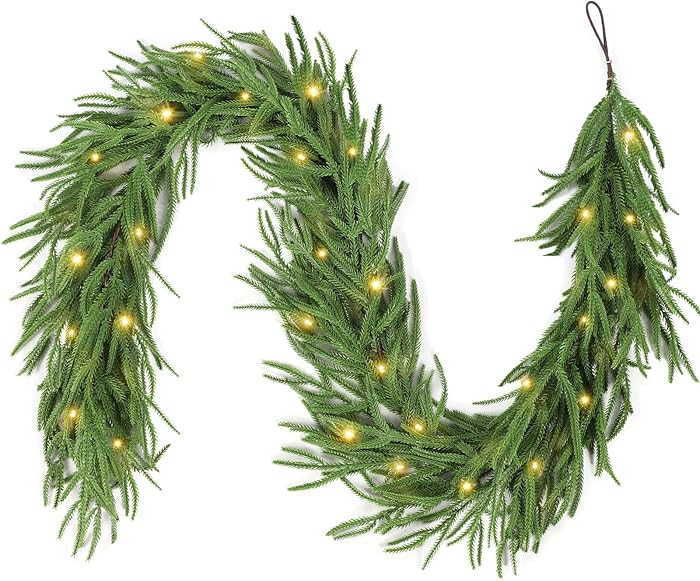 9FT Christmas Garland with LED String Lights, Norfolk Pine Garlands, Real Touch, Artificial Green... | Amazon (US)