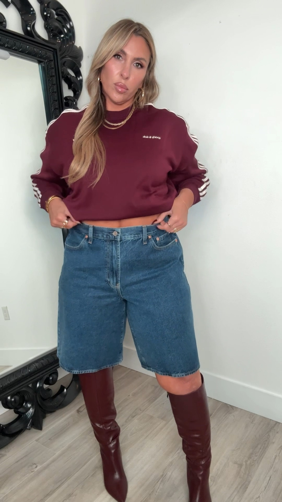 Styled Adidas pieces that I love. 

rich and sporty Adidas sweatshirt, size, L. I sized down, and it was still oversized). 

Gap shorts 33Tall (16)  (sized up for baggy fit) I’ve tried so many long shorts and these are the best for thick thighs. Absolutely love the fit. Order reg length if under 5’7. 

burgundy boots are wide calf friendly. My calfs are 16.75 inch (skip if you are over that measurement) 


#LTKMidsize #LTKShoeCrush #LTKFindsUnder100 #LTKStyleTip #LTKSaleAlert

#LTKHoliday #LTKActive

#LTKootd #LTKTall #LTKMidsize