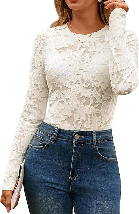 Glamaker Womens Mesh Long Sleeve Tops Lace See Through Sexy Crew Neck Eyelet Shirts Party Floral ... | Amazon (US)
