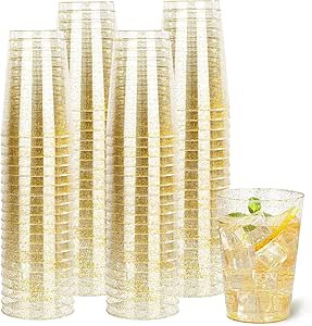 I00000 50 Pack 12 oz Gold Glitter Plastic Cups, Clear Disposable Cups, Disposable Plastic Wine Gl... | Amazon (US)