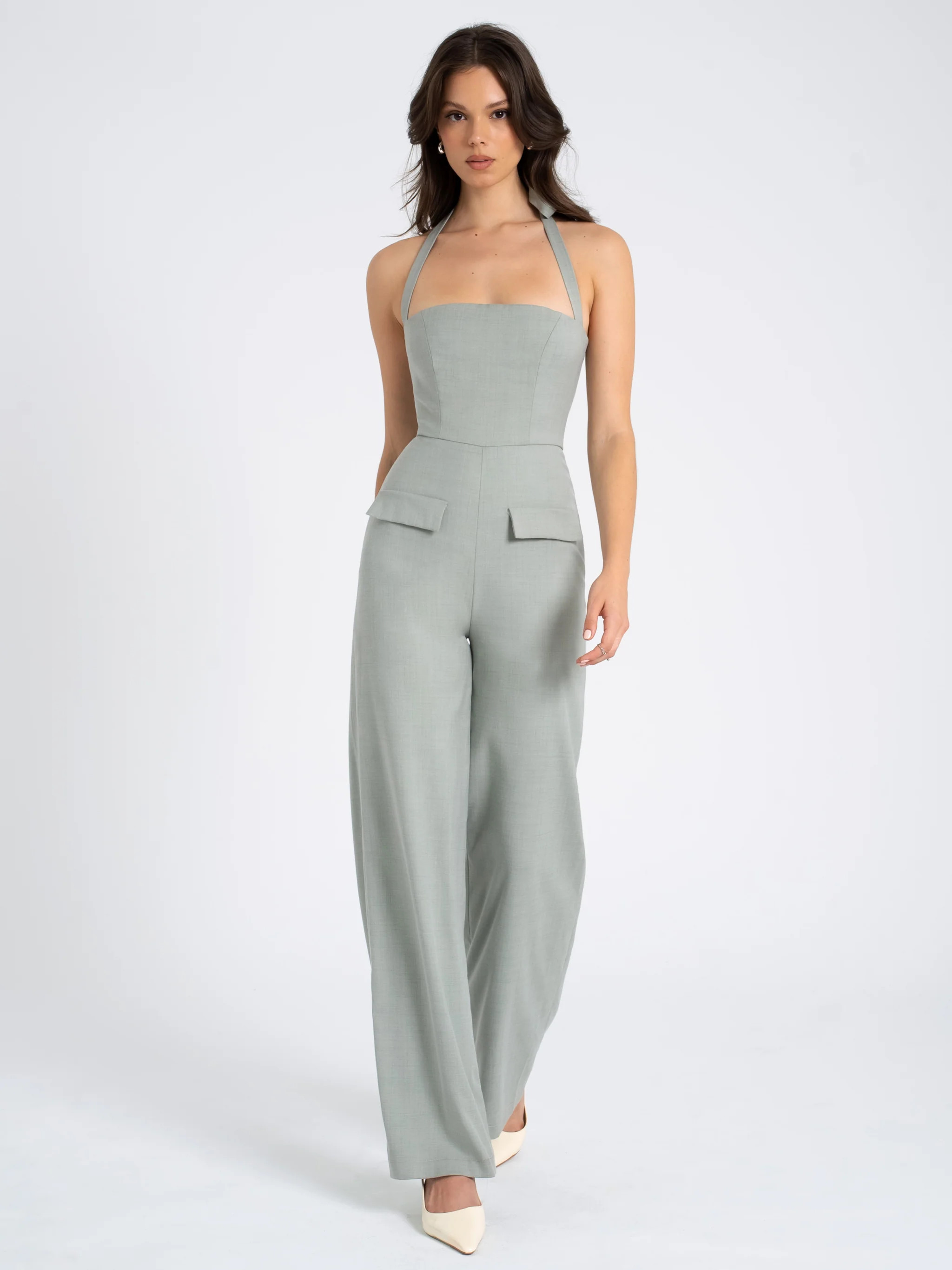 Zaria Sage Green Wide Leg Halter Jumpsuit | Miss Circle