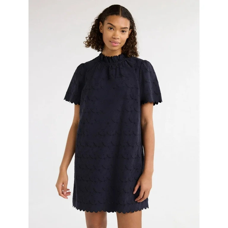 Free Assembly Women’s and Women's Plus Ruffle Neck Cotton Eyelet Mini Dress with Short Sleeves,... | Walmart (US)