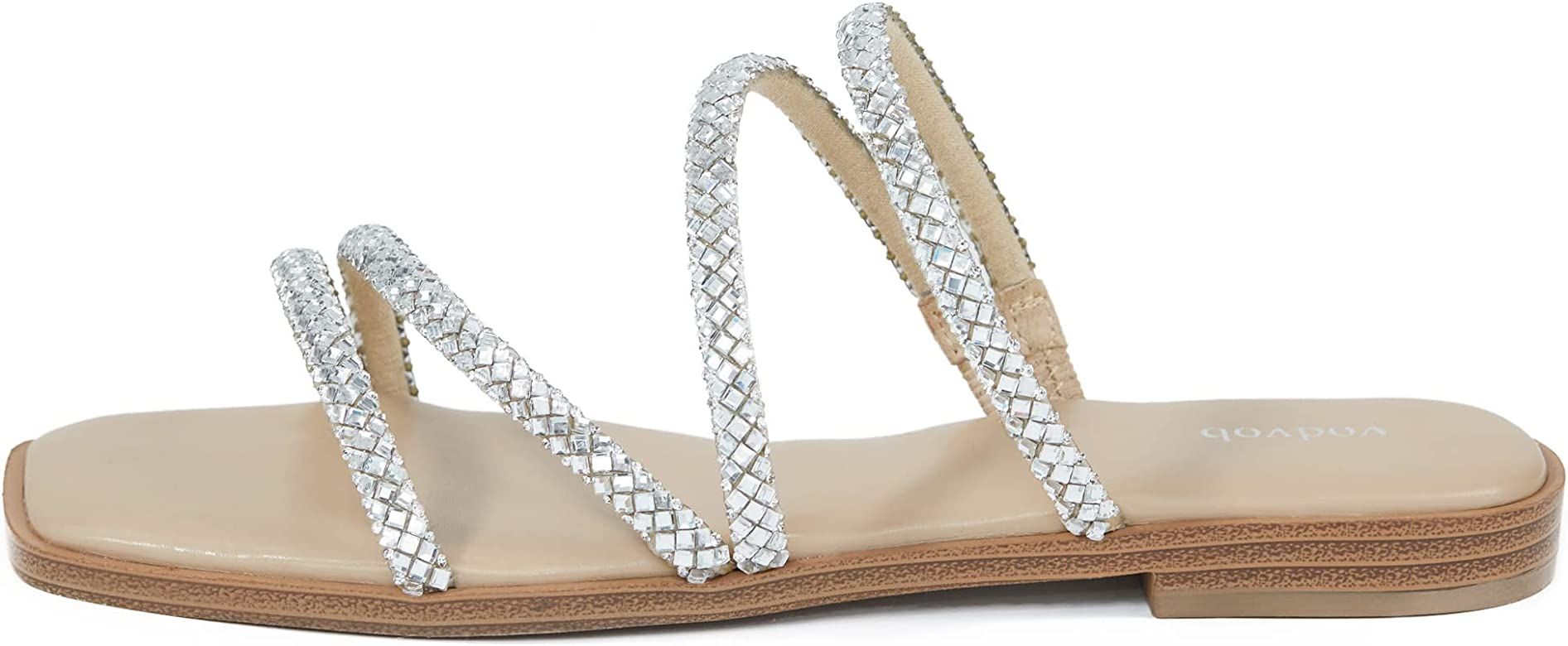 vodvob Women's Rhinestone Flat Sandals Slip on Memory Foam Sandals Open Toe Slide Sandals | Amazon (US)