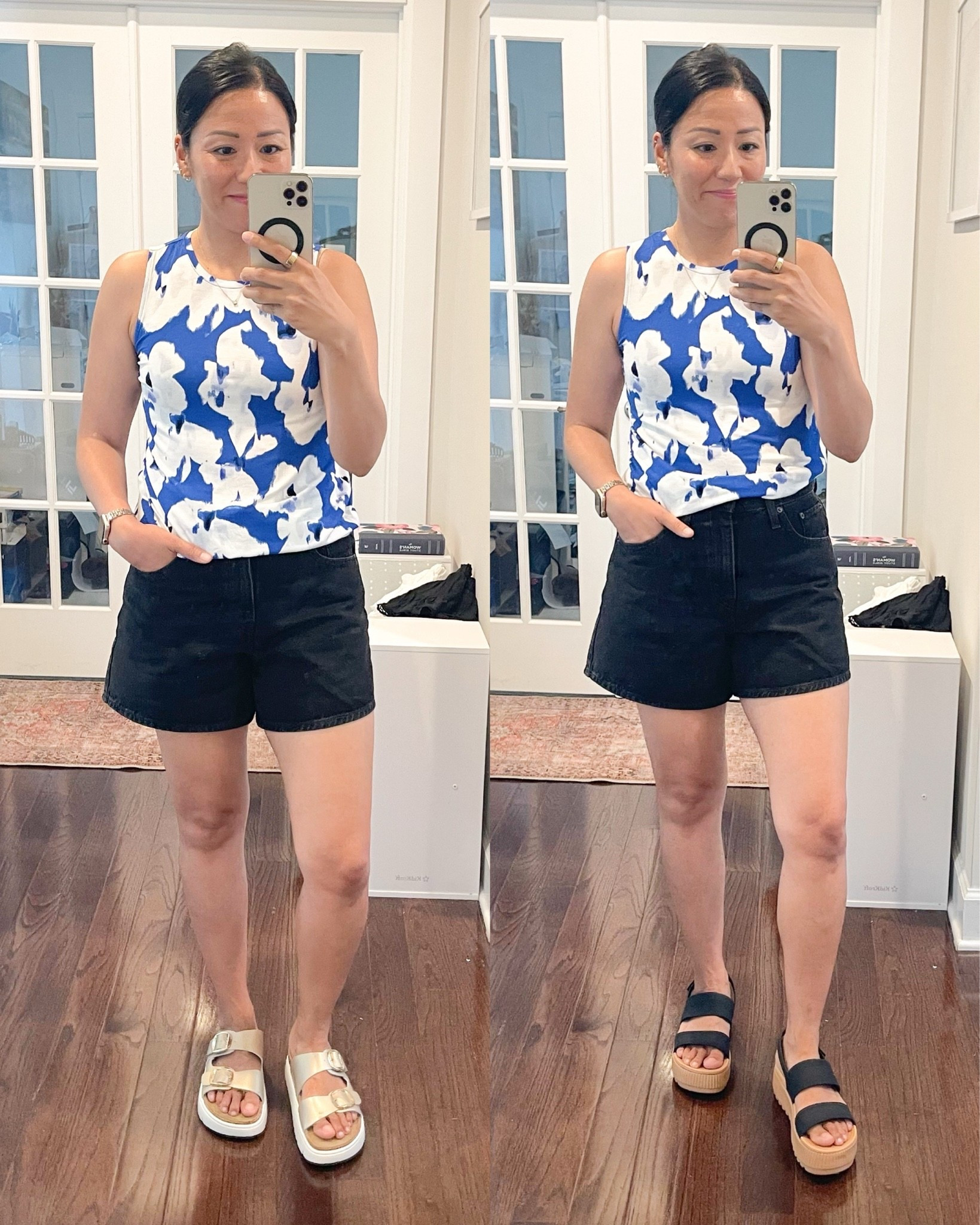 Size 27 cinch waist shorts 
True size in black sandals
Sized up 1/2 in metallic sandal

#LTKSaleAlert #LTKOver40 #LTKSeasonal