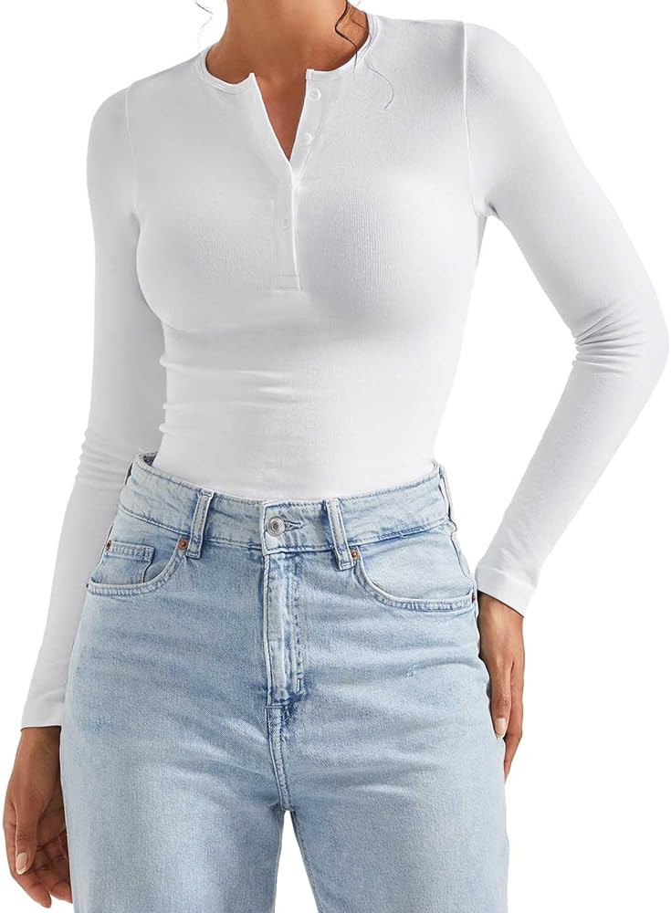 SUUKSESS Women Henley Crew Neck Long Sleeve Causal Tight Tops Button Up Ribbed Fall Shirts | Amazon (US)